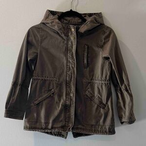 Zara Basic Army Green Coat Utility Jacket with hoodie sz 7/8